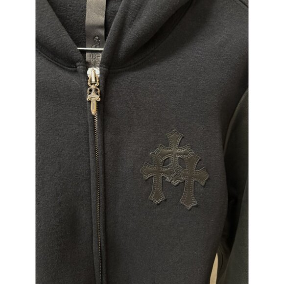 Chrome Hearts Black Hoodie W/ Leather Sleeves & Gothic Cross Details Full Zip Co - Picture 16 of 16